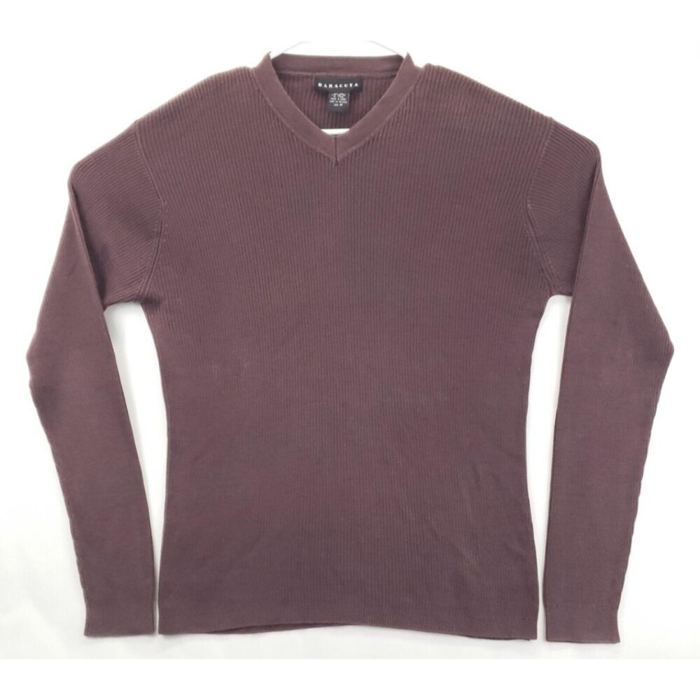 Baracuta Sweater Men Medium Purple Knitted Silk Ribbed Classic V-Neck Pullover